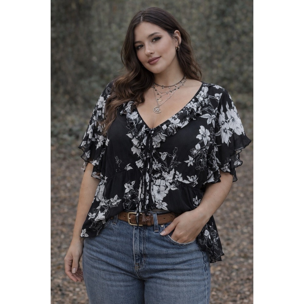 Cato Women's 26/28W Whimsigoth Sheer‎ Floral Babydoll Blouse Romantic Gothic Top